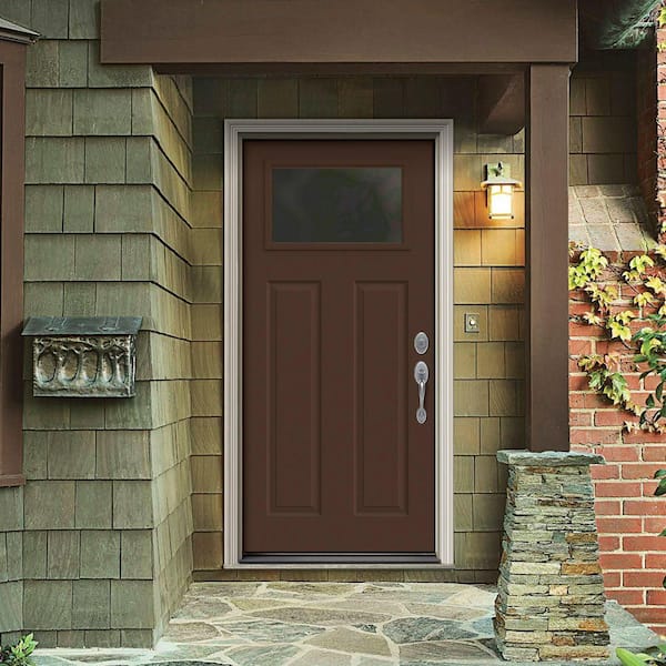 30 in. x 80 in. 1 Lite Craftsman Dark Chocolate Painted Steel Prehung Left-Hand Inswing Front Door w/Brickmould