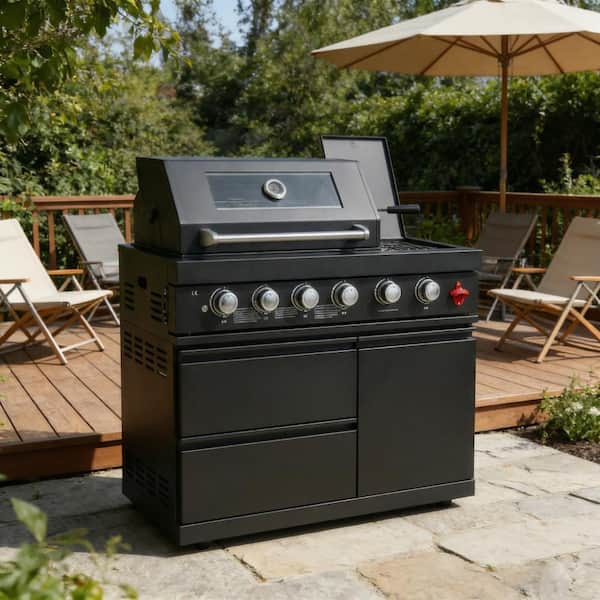 6-Burner Portable Gas Grill in Black with Side Shelf, Rotisserie and Storage Drawers