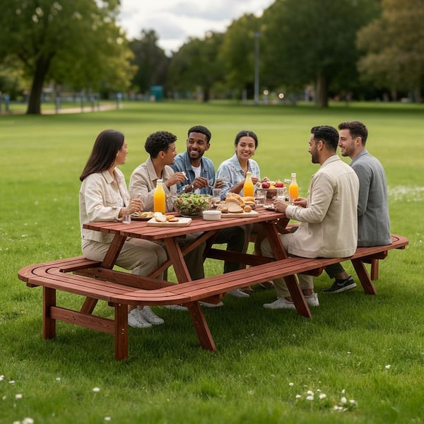 121 in. Large Brown Rectangle Wood Picnic Table with Benches and