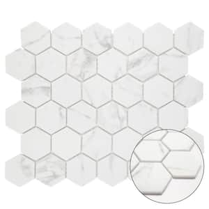 Hexagon white calacatta 11.7" x 10.2" mosaic tile. Recycled glass marble looks floor and wall tile, (8.33 sq. ft./Case)
