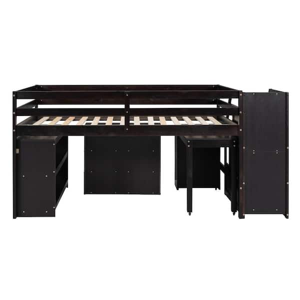Full Size Loft Bed with Retractable Writing Desk and 3 Drawers, Storage Stairs and Shelves, Espresso