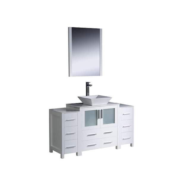 Fresca Torino 54 in. Vanity in White with Glass Stone Vanity Top in White with White Basin and Mirror (Faucet Not Included)