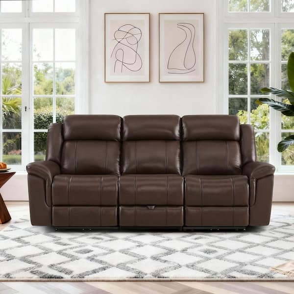 Philip 89.76 in. Rolled Arm 3-Piece Genuine Leather Reclining Sofa in Brown with Dual Motors and Flip-Down Console