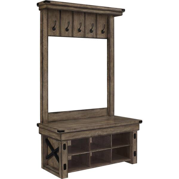 Ameriwood Forest Grove Rustic Gray Wood Veneer Entryway Hall Tree with Storage Bench