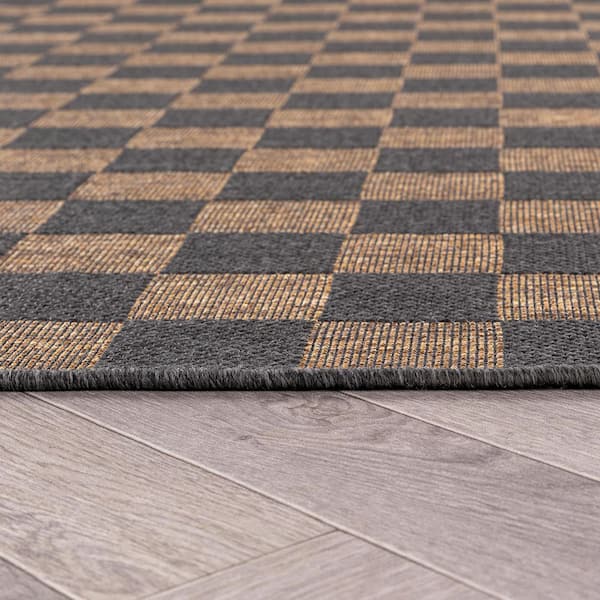 Checkered Dark Gray/Natural Easy-Care Jute-Style Indoor/Outdoor Flat Woven 2 ft. 3 in. x 8 ft. Dark Gray Area Rug