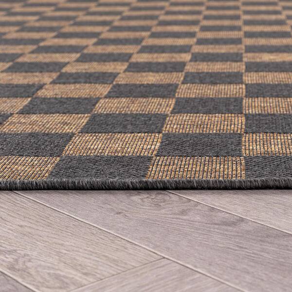 Checkered Dark Gray/Natural Easy-Care Jute-Style Indoor/Outdoor Flat Woven 7 ft. 10 in. x 10 ft. Dark Gray Area Rug