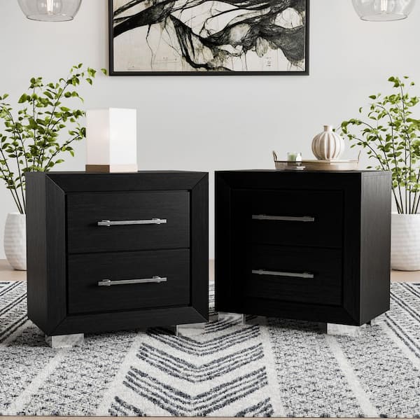 Fairhart Modern Black 2-Drawer 26 in. W (Set of 2) Nightstands with USB Ports