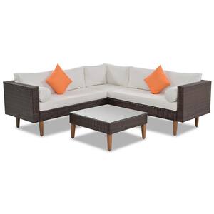 Brown 4-Piece Wicker Patio Conversation Set with Beige Cushions