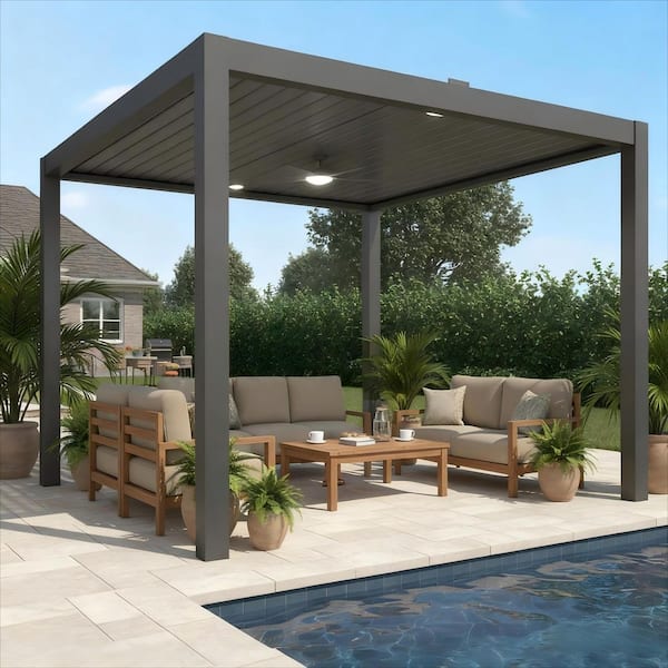 10 ft. x 14 ft. Dark Gray Aluminum Outdoor Solar-Powered Electric Louvered Pergola with Ceiling Fan and LED Lights