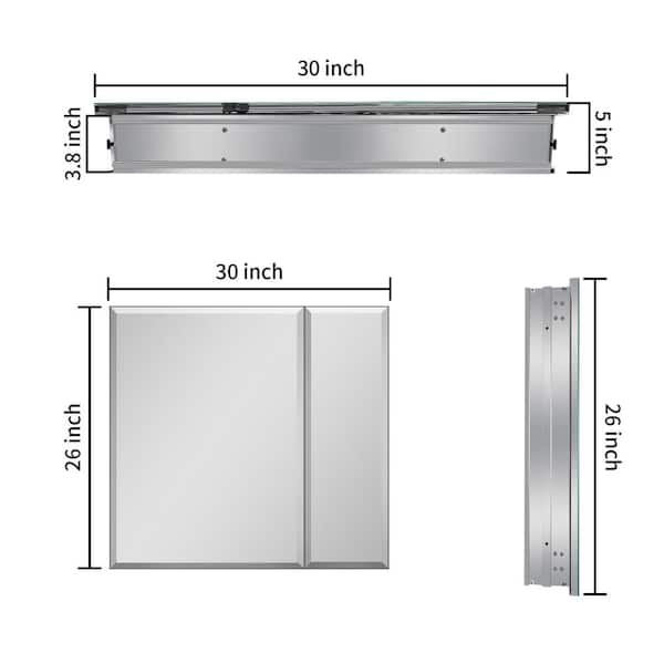WELLFOR 30-in x 26-in Surface/Recessed Mount Aluminium Mirrored Soft Close Medicine Cabinet
