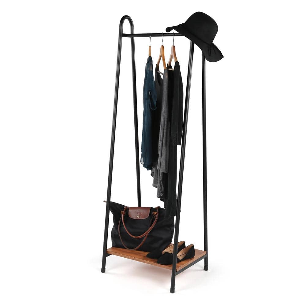 Slim Black Steel Frame Clothing Shelf Rack with Wood Shelf