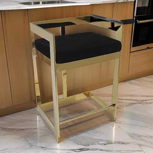 Benjara 30 in. Black and Gold Low Back Metal Frame Bar Stool with Velvet Seat