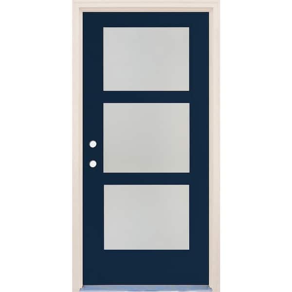 Builders Choice 36 in. x 80 in. Right-Hand/Inswing 3 Lite Satin Etch Glass Indigo Painted Fiberglass Prehung Front Door w/6-9/16" Frame
