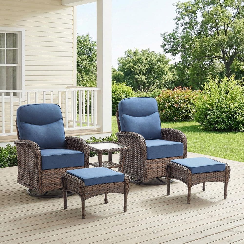 Moonridge 5-Piece Brown Wicker Patio Conversation Set with 6 in. Olefin Blue Cushions/Patio Swivel Chair with Ottoman price history on PriceWatchPro
