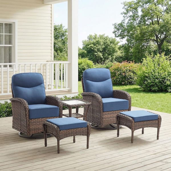 Moonridge 5-Piece Brown Wicker Patio Conversation Set with 6 in. Olefin Blue Cushions/Patio Swivel Chair with Ottoman