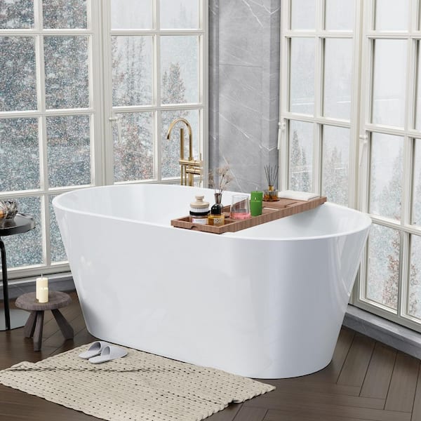 55 in. x 31.1 in. Acrylic Freestanding Contemporary Soaking Bathtub with Overflow and Drain in Gloss white