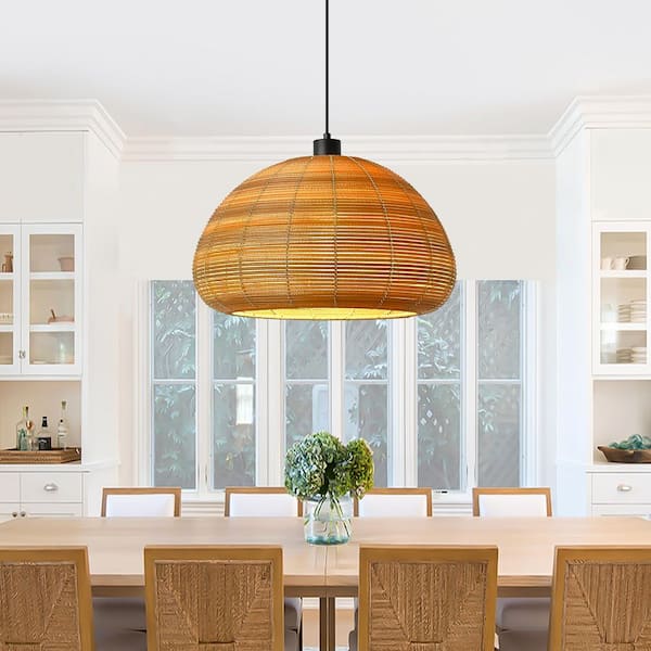 1-Light Natural Rattan Dome Rustic Pendant Light with Natural Shade for Kitchen Island Dining Room Living Room