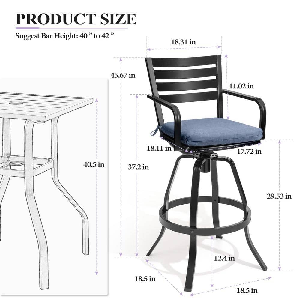 Black Cast Aluminum Swivel Bar Stools with Blue Cushions, Set of 2