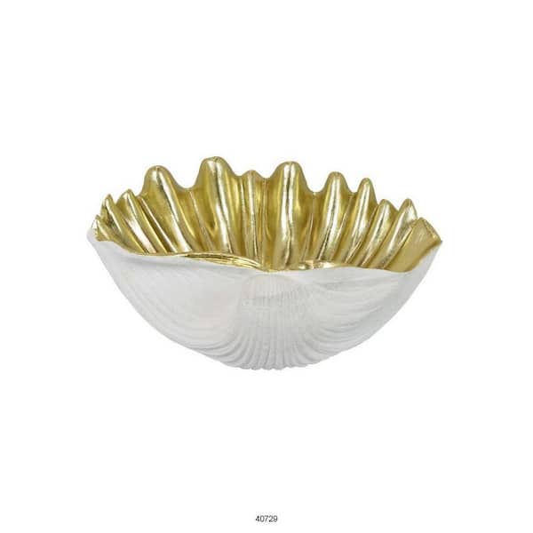 Benjara 18 in. White Resin Decorative Shell Bowl with Gold Details and Delicate Folds