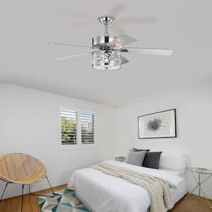 Modern 52 in. Indoor Chrome Ceiling Fan with Crystal Caged Lampshade, 2-Color-Option Blades and Remote Included