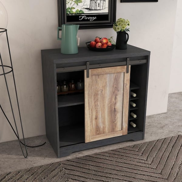 Tahanbath 31 in. Farmhouse Barn Door Bar Cabinet For Living Room, Dining Room in Dark Grey