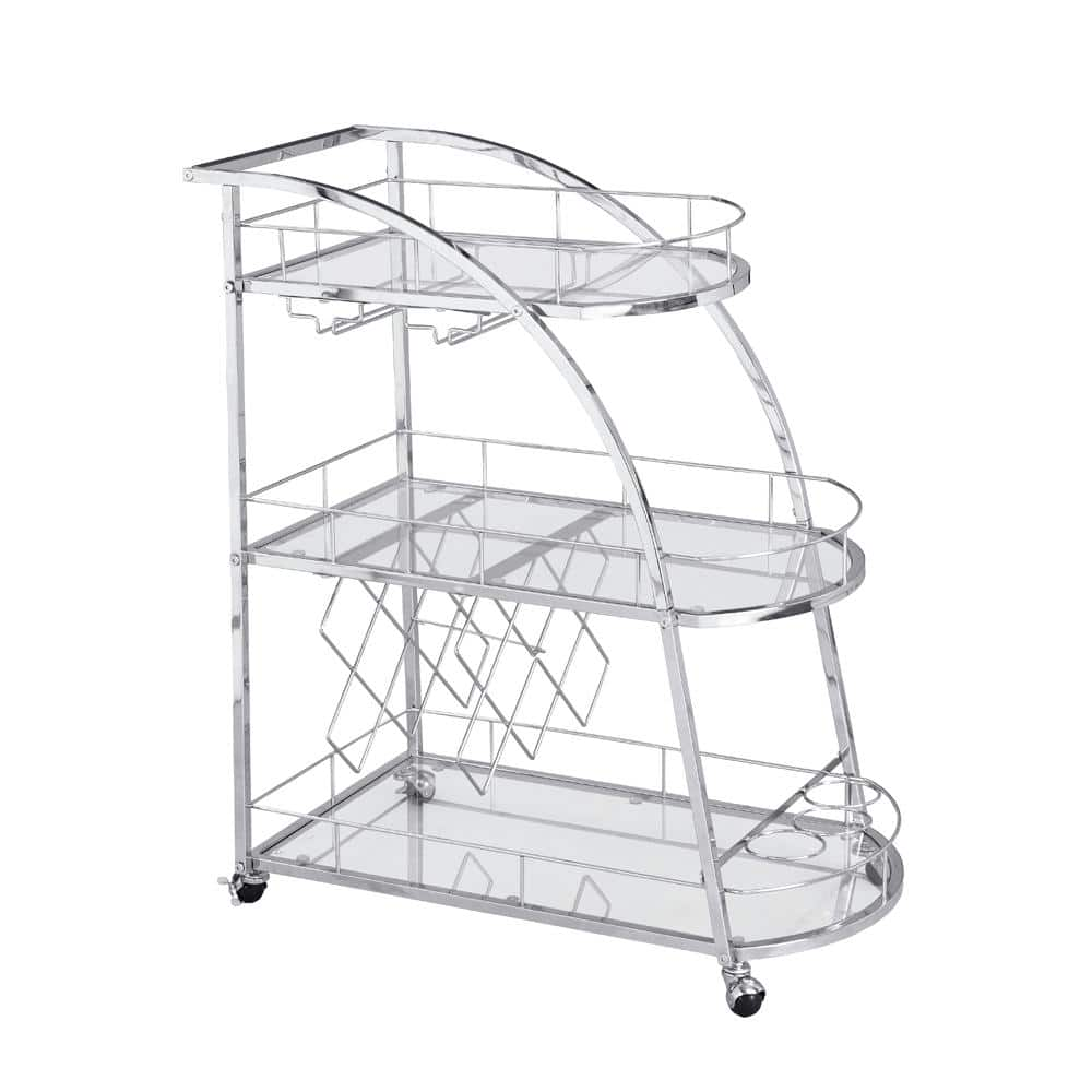 Amucolo Silver 3-tier Metal and Glass Rolling Bar Cart Serving Wine ...