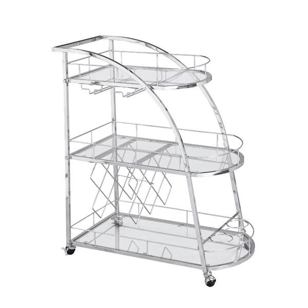 Amucolo Silver 3tier Metal and Glass Rolling Bar Cart Serving Wine