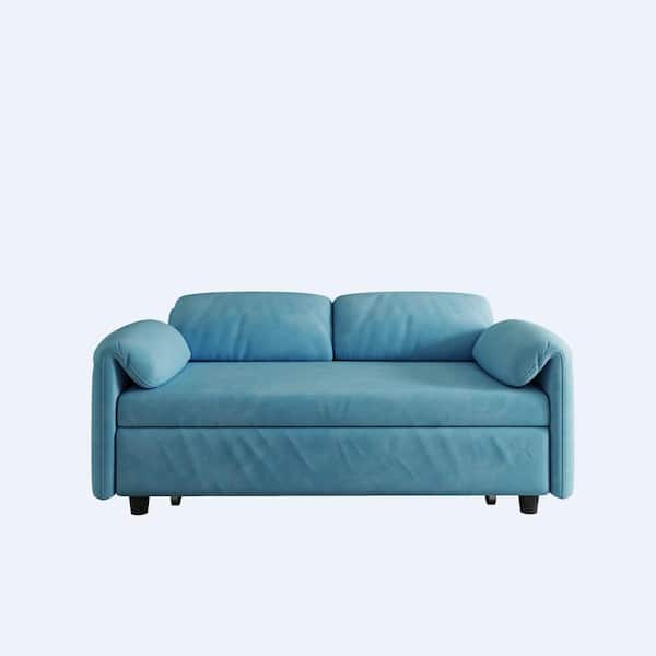 Z-joyee 54 in. Blue Velvet Twin Size Retractable Sofa Bed