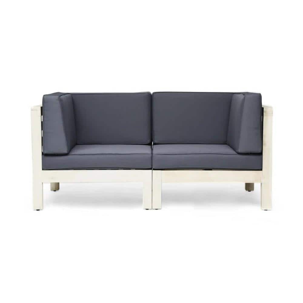 White Acacia Wood Outdoor Loveseat with Dark Grey Cushions, X-back Sofa