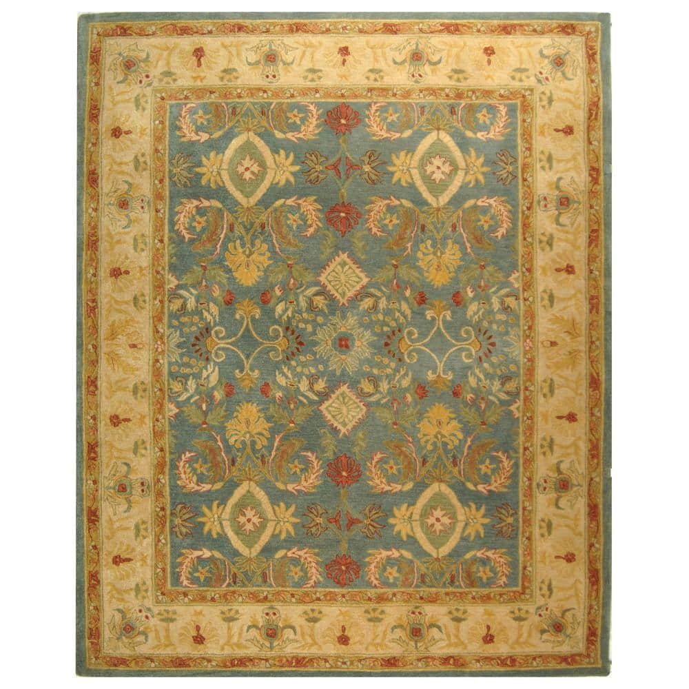 Light Blue Floral Handmade Wool 8' x 10' Area Rug