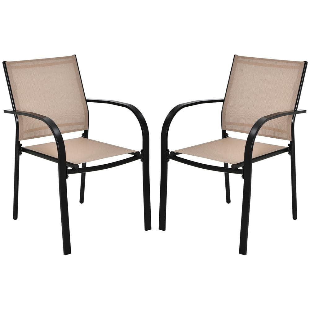 Black 2PCS Stackable Metal Outdoor Dining Chair with Armrests & Breathable Fabric in Brown price history on PriceWatchPro