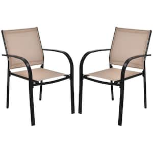 Black 2PCS Stackable Metal Outdoor Dining Chair with Armrests & Breathable Fabric in Brown