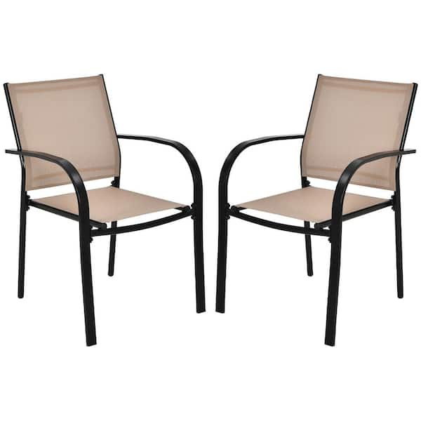 HONEY JOY Black 2PCS Stackable Metal Outdoor Dining Chair with Armrests & Breathable Fabric in Brown