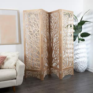 6 ft. Gold 4 Panel Tree Hinged Foldable Partition Room Divider Screen with Intricately Carved Designs