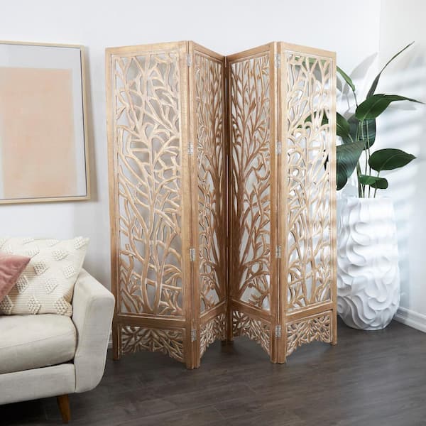 Litton Lane 6 ft. Gold 4 Panel Tree Hinged Foldable Partition Room Divider Screen with Intricately Carved Designs