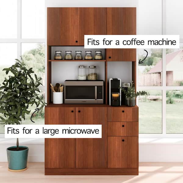 Living Skog Scandi 71 in. Dark Cherry Tall Pantry Kitchen Storage Cabinet Buffet with Hutch for Microwave with Drawers, Brown