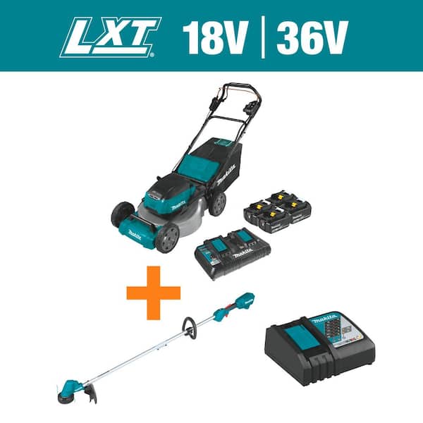 Makita 18V X2 (36V) LXT Cordless 21 in. Commercial Lawn Mower Kit & 4 Batteries (5.0Ah) with 18V String Trimmer & Charger
