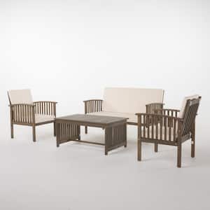 Carolina Grey 4-Piece Wood Outdoor Patio Conversation Set with Cream Cushions