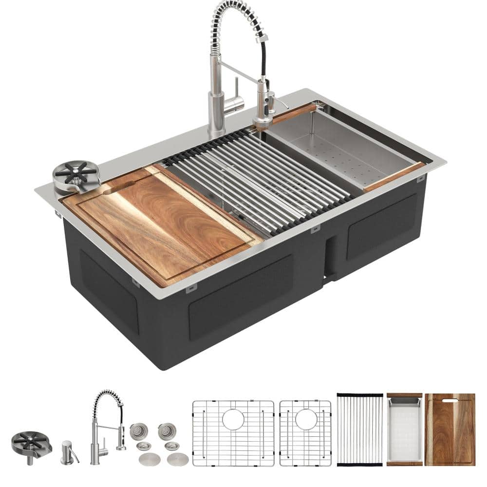 36 in. Drop-In Double Bowl Kitchen Sink Workstation 60/40 Split T304 Stainless Steel with Faucet Combo & Cup Washer price history on PriceWatchPro
