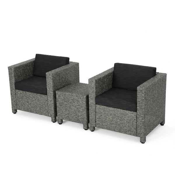 Noble House 3-Piece Wicker Patio Conversation Set with Dark Gray Cushions