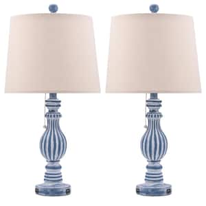 26 in. Blue Table Lamp with USB Charging Ports and Fabric Drum Shades (Set of 2)