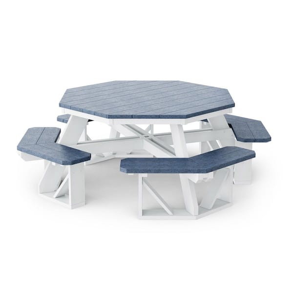 Heritage 87 in. Patriot Blue and White Octagon HDPE Plastic Picnic Table Seats 8 People