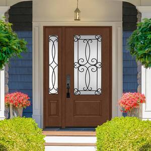 Regency 51 in. x 96 in. 3/4Lite Georgian Decorative Glass RHIS Chestnut Mahogany Fiberglass Prehung Front Door w/12in.SL