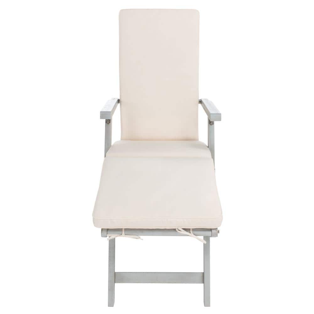 Ocean Liner Inspired 48" Grey Acacia Wood Chaise Lounge with Beige Cushion