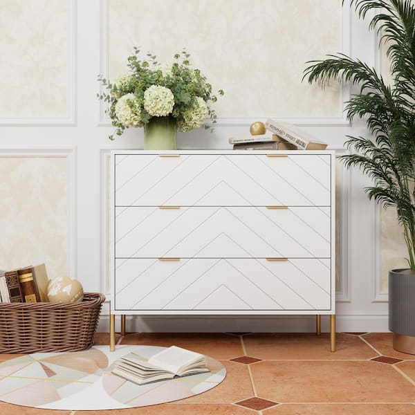 Modern White 3-Drawer 31.5 in. H Chest with Metal Legs MDF Storage Cabinet