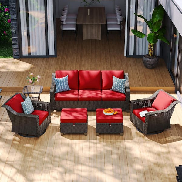 6-Piece Stylish Wicker Patio Conversation Set Outdoor Swivel Rocking Chair Set and Ottoman with Thick Red Cushions