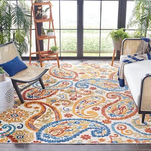 Cabana Cream/Navy 8 ft. x 8 ft. Paisley Floral Indoor/Outdoor Patio  Square Area Rug