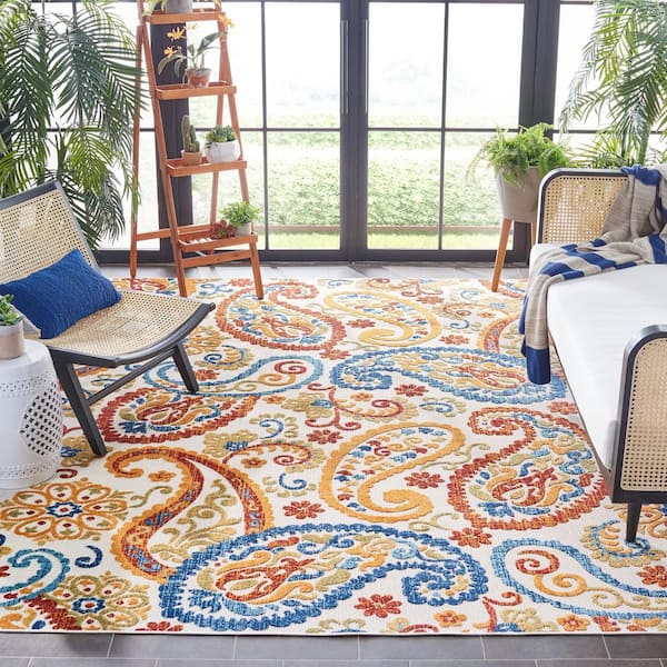 Cabana Cream/Navy 9 ft. x 12 ft. Paisley Floral Indoor/Outdoor Patio  Area Rug