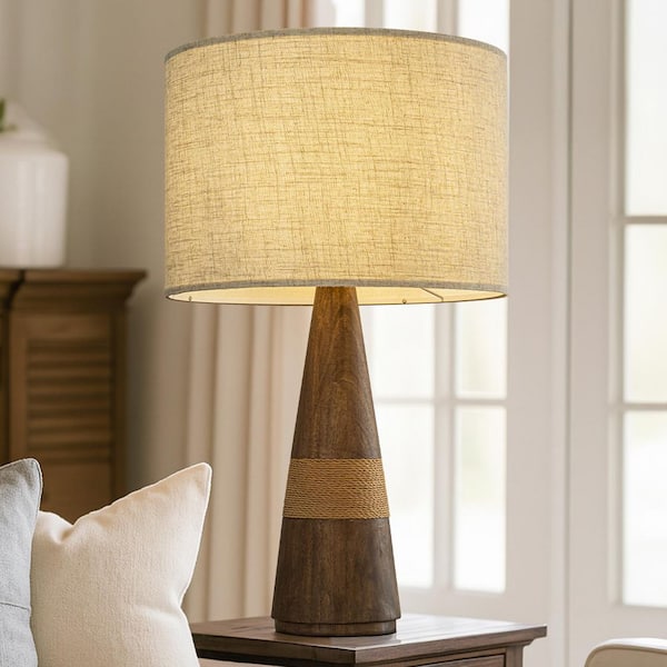 28 in. Farmhouse Large Honey Brown Wood Bedside Table Lamp Classic Dome Shape Nightstand Lamp with Beige Fabric Shade