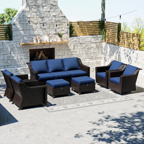 Gardenbee 7-Piece Wicker Outdoor Patio Conversation Sectional Set With Blue Cushions